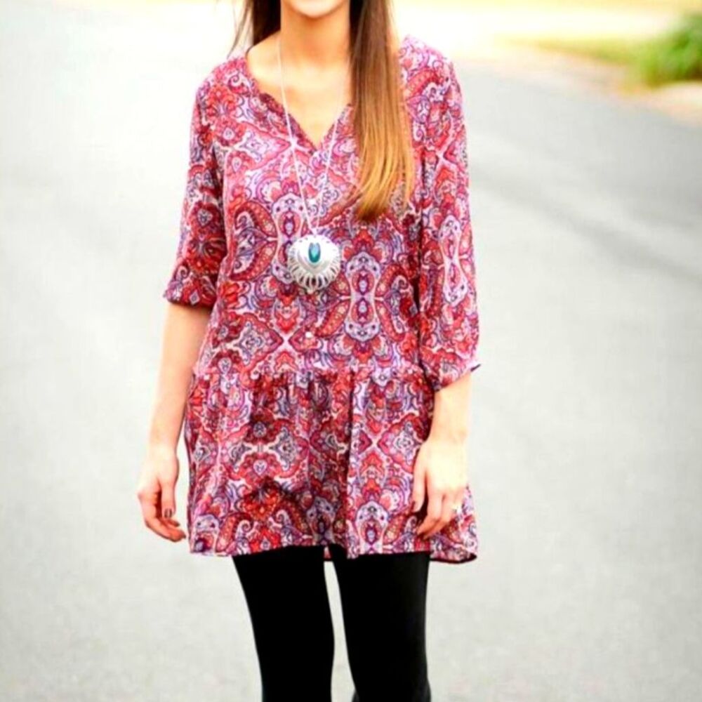 Paisley Drop Waist Tunic Dress 2 Ruffle Red Boho Mini Pocket Resort Retro Mod 70